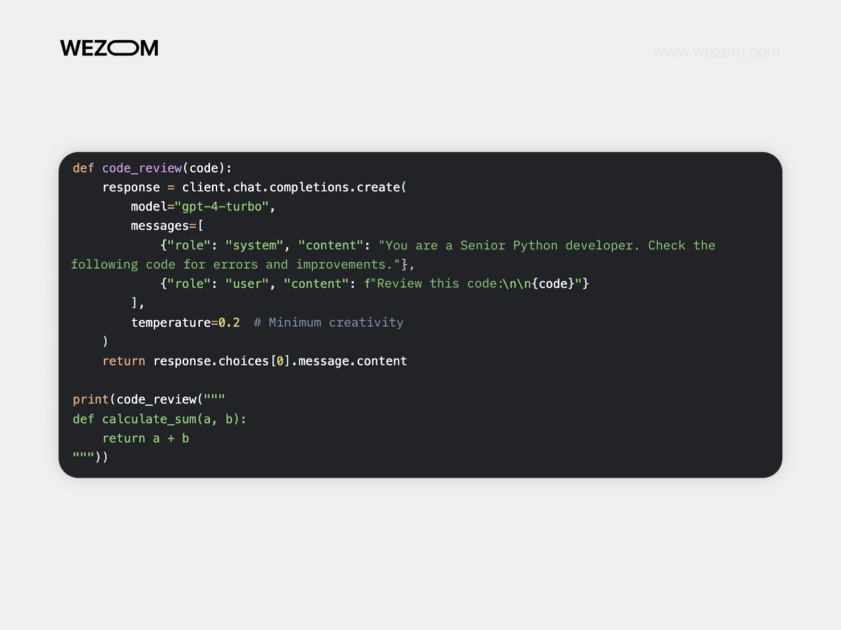 Python code using OpenAI API to perform GPT-4 based code review with minimum creativity for debugging and improvements